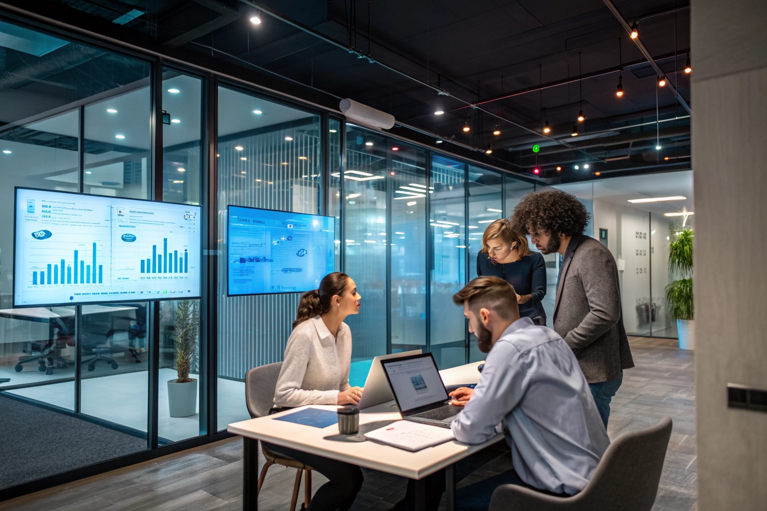 Professional team collaborating in a modern, high-tech office environment.