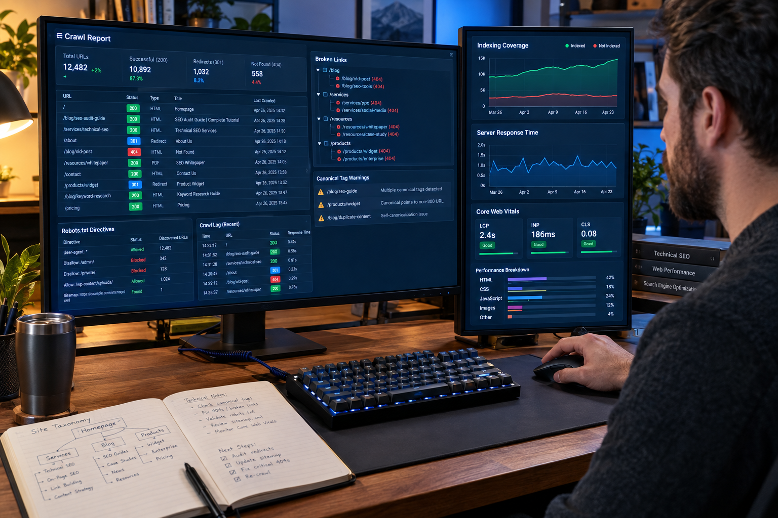 Technical SEO specialist reviewing website crawl errors, indexing reports and performance data